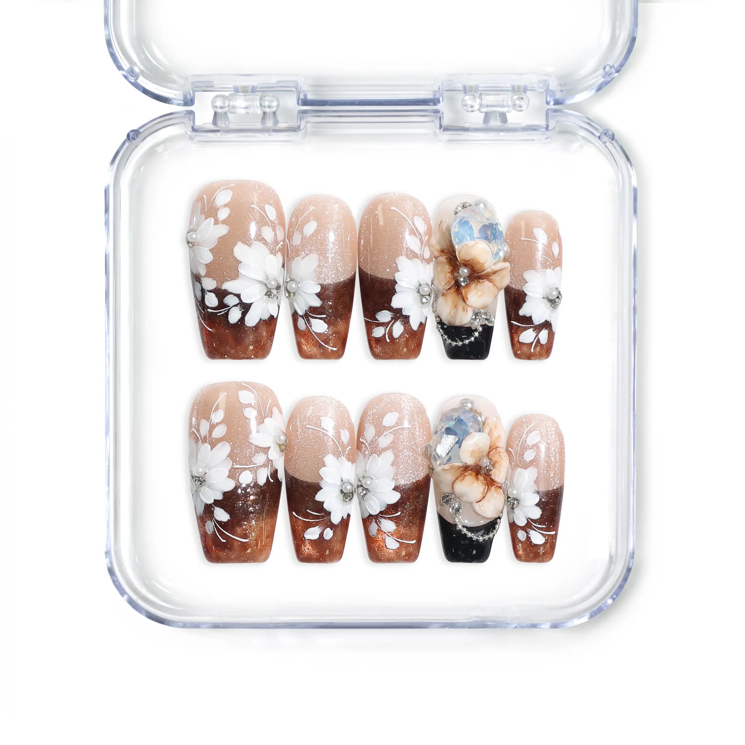 Amber Bloom handmade Singapore press on nails with amber base, white floral designs, and rhinestones by naillover