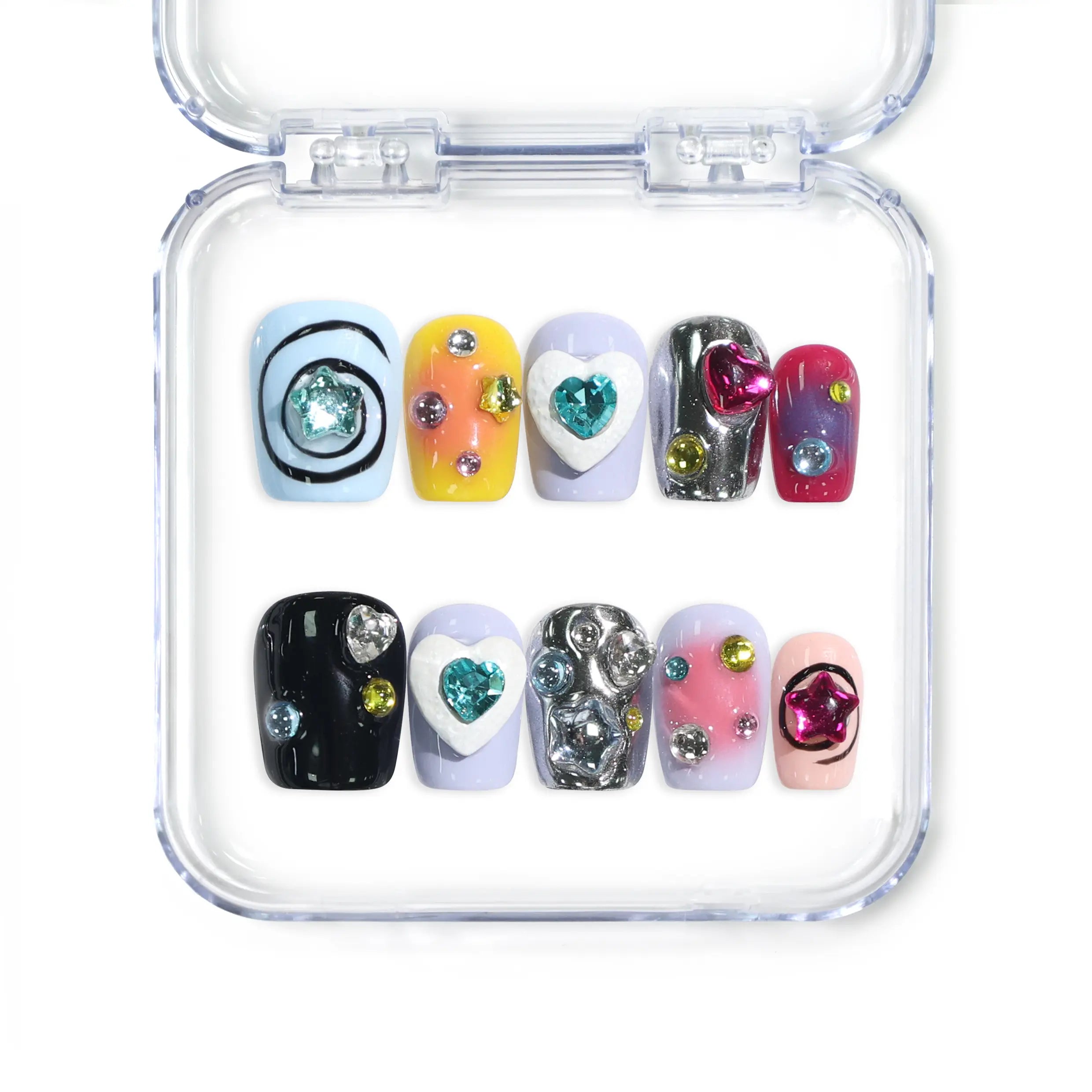 Colorful coffin-shaped Singapore press on nails with heart gems and abstract patterns – handmade press on nails by naillover