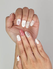 Close-up of Naillover Autumn Floral Sparkle Singapore press on nails with earthy tones, floral motifs, and rhinestone accents.