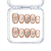 Naillover Beige Elegance handmade press on nails with cat eye shimmer, silver butterfly charms, and glitter stripes from Singapore press on nails collection.