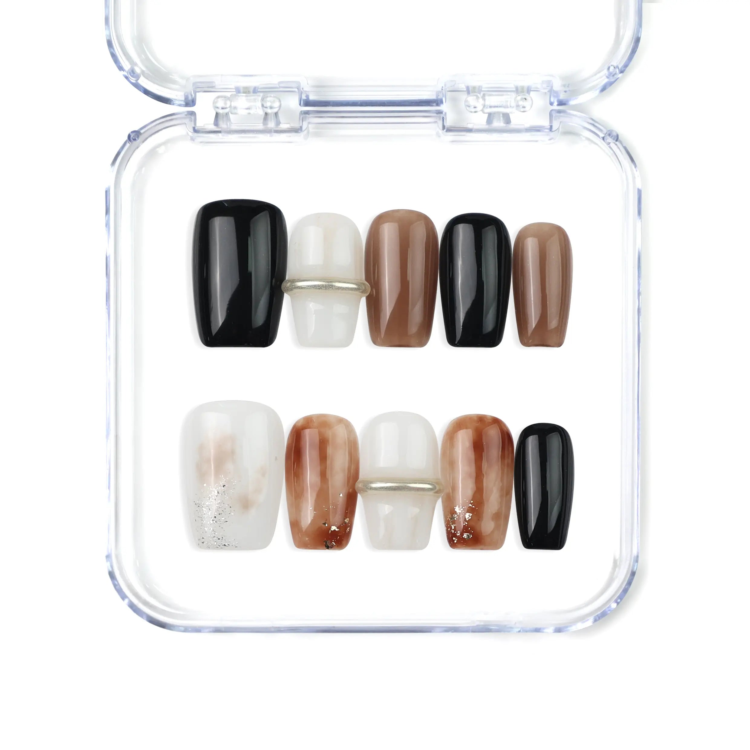 Naillover Blend Black handmade Singapore press on nails featuring black, white, beige, and brown tones with gold lines and pearl details.