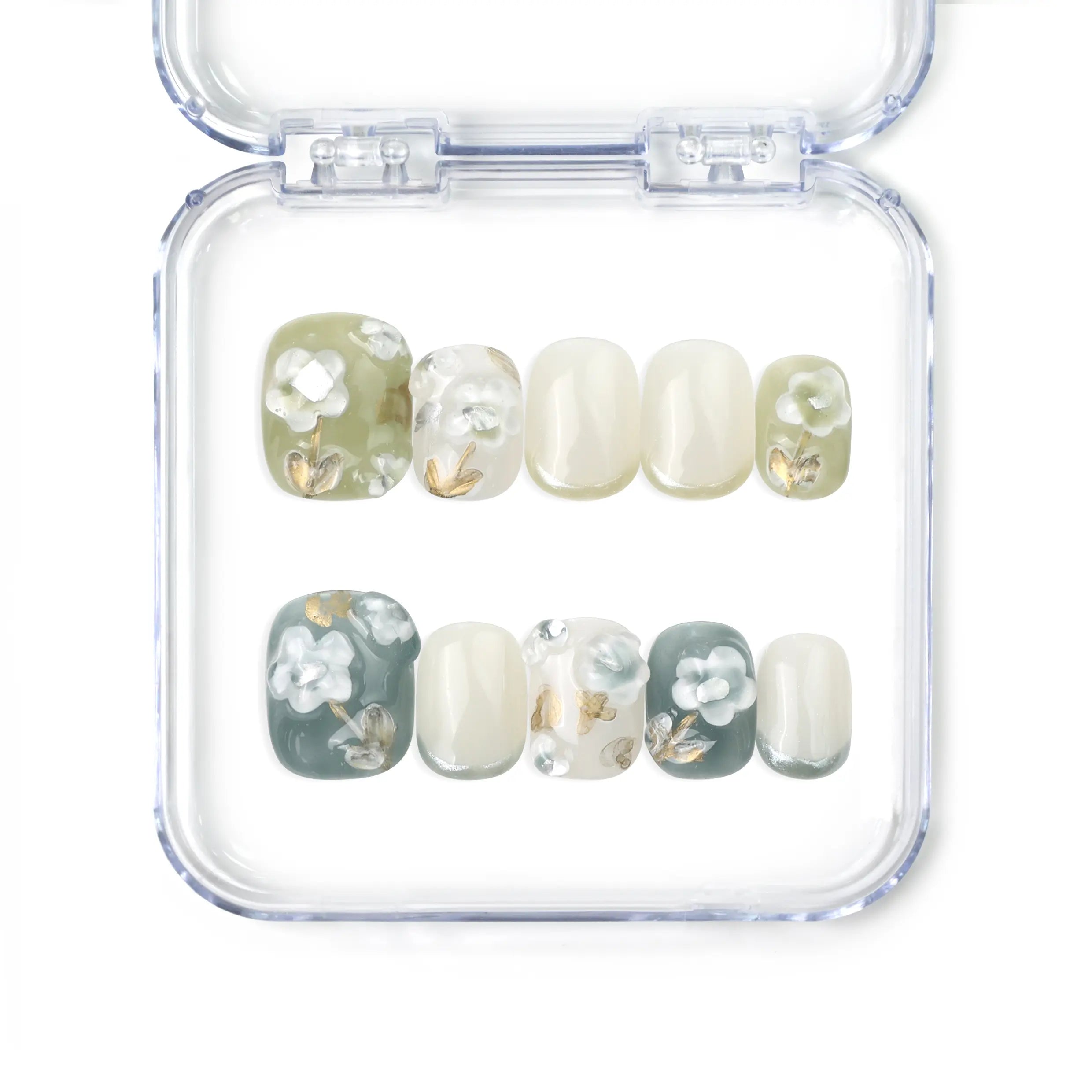 Singapore handmade press on nails with 3D white flowers, olive base, and French fade design by Naillover