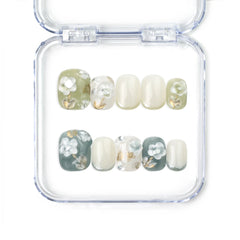 Singapore handmade press on nails with 3D white flowers, olive base, and French fade design by Naillover