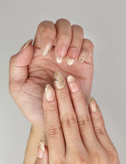 Close-up of Naillover Blush Amber Grace Singapore press on nails showing elegant marbled tones and classic nails finish.