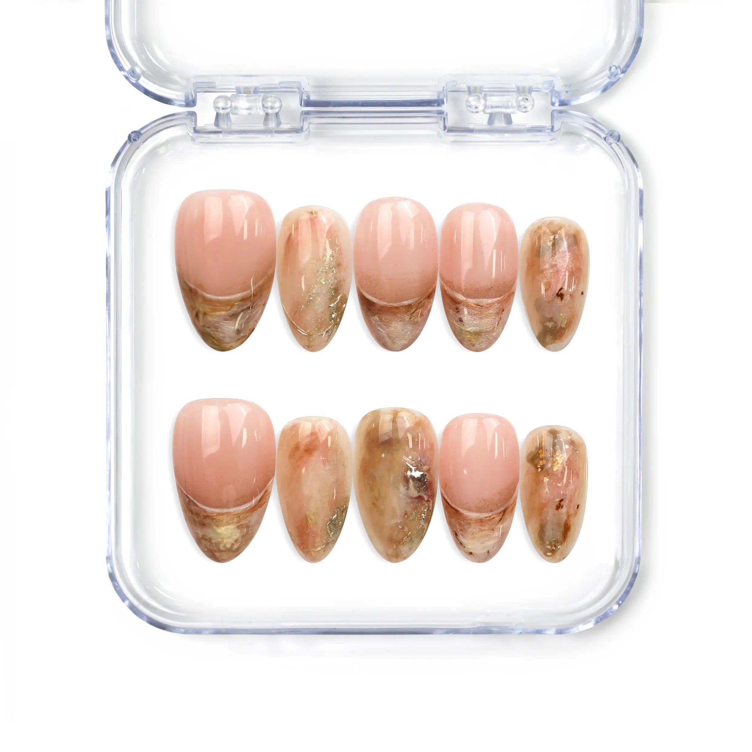 Naillover Blush Amber Grace handmade press on nails in peach and beige marble with subtle gold accents from Singapore press on nails collection.