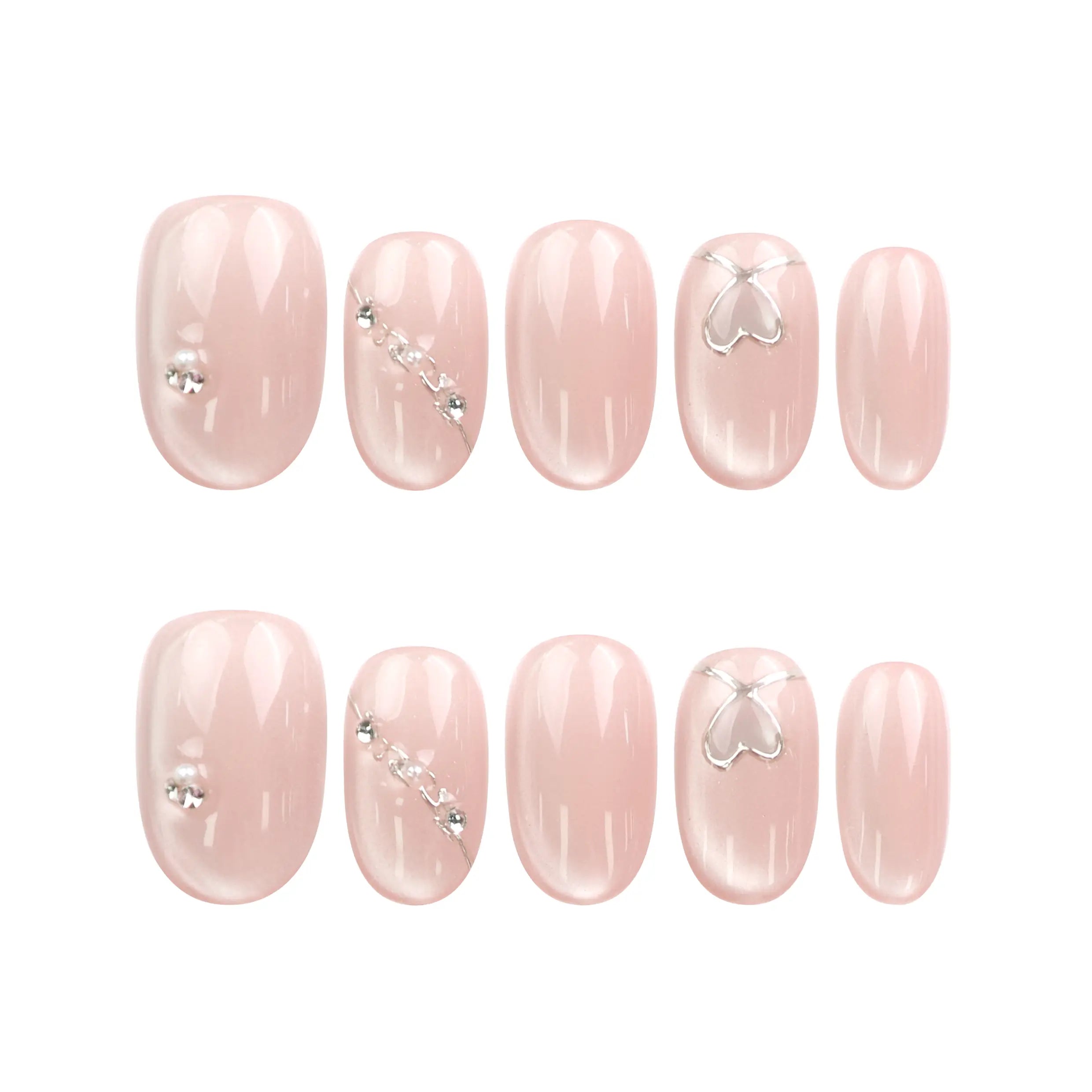 Blush Gleam Cat Eye handmade Singapore press on nails with silver shimmer, displayed on white background – naillover.