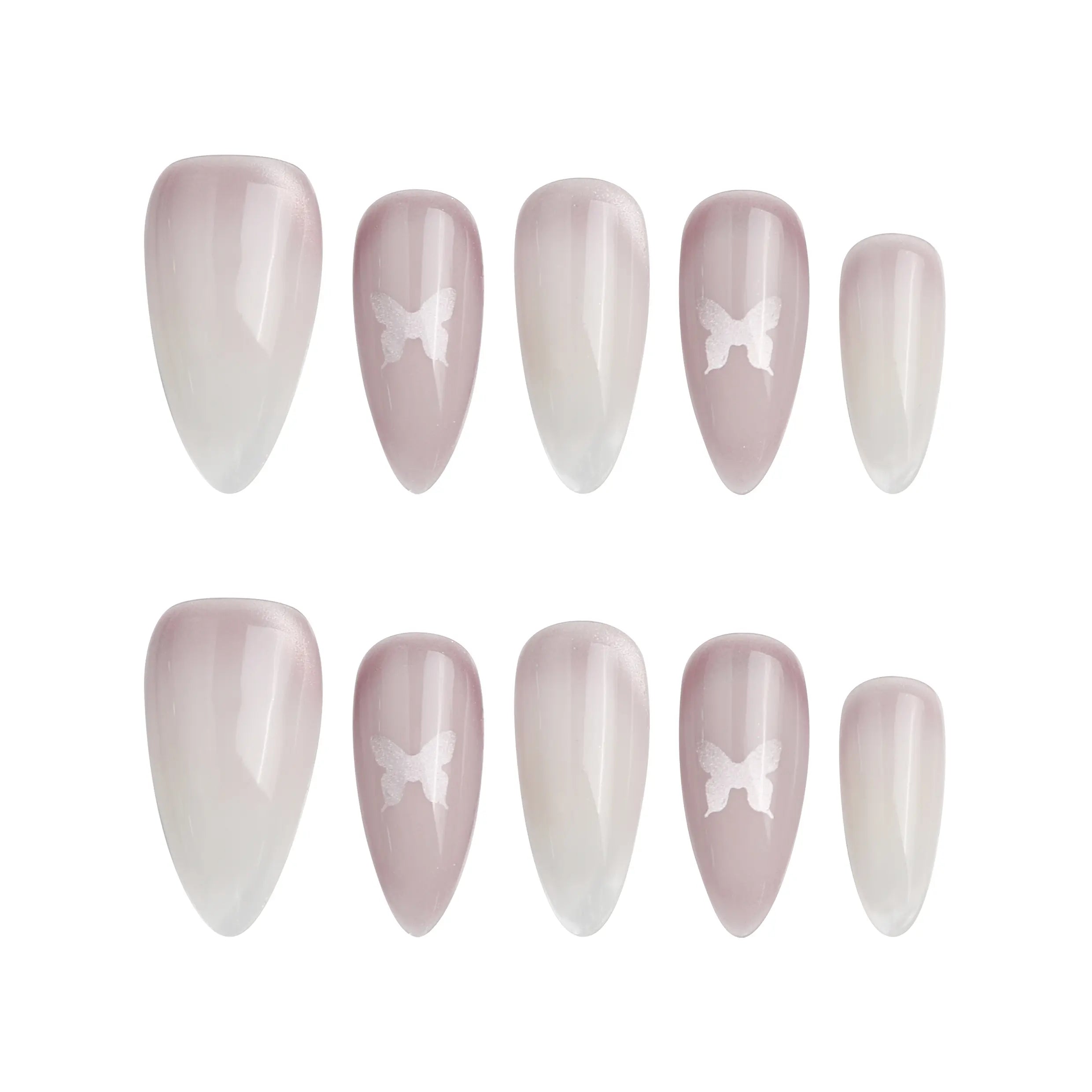 Product display of Naillover’s Singapore handmade press-on nail set in pink almond shape with gradient finish and butterfly motifs