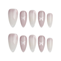Product display of Naillover’s Singapore handmade press-on nail set in pink almond shape with gradient finish and butterfly motifs