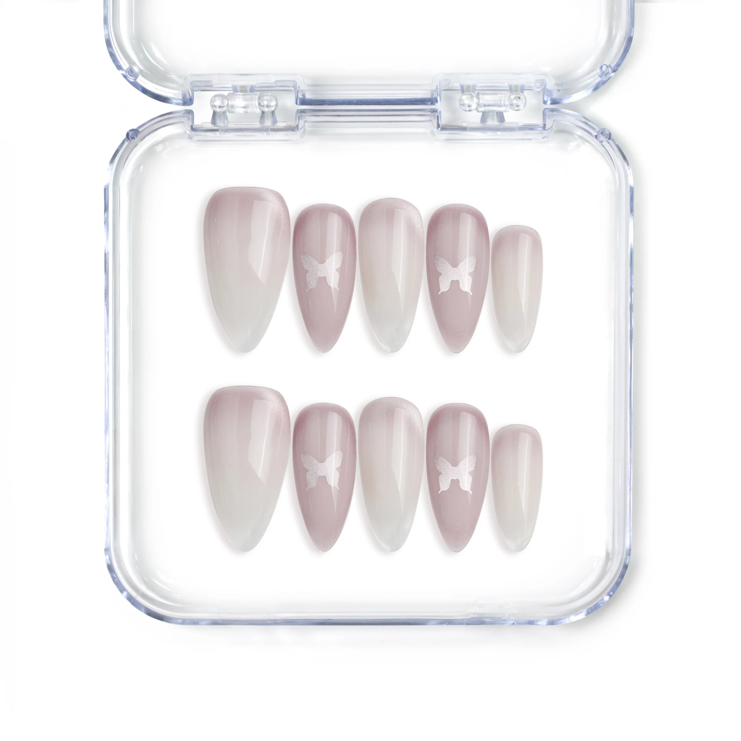 Naillover handmade Singapore press on nails in pink almond shape with white gradient and butterfly accents