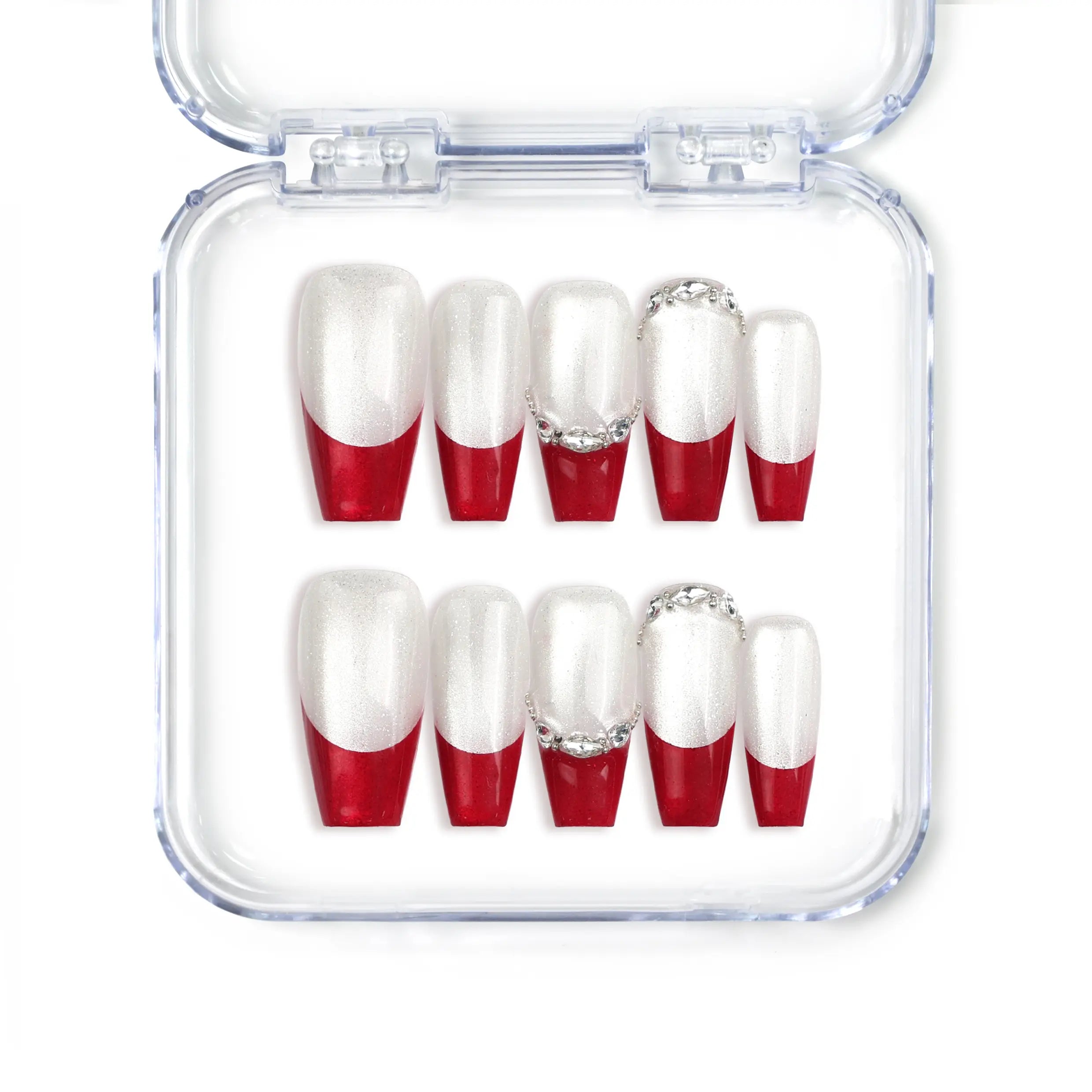 Naillover Singapore handmade red press on nails in coffin shape with crimson to silver glitter ombré