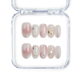 Naillover handmade Singapore short oval pink flower press on nails with pearl and shimmer accents