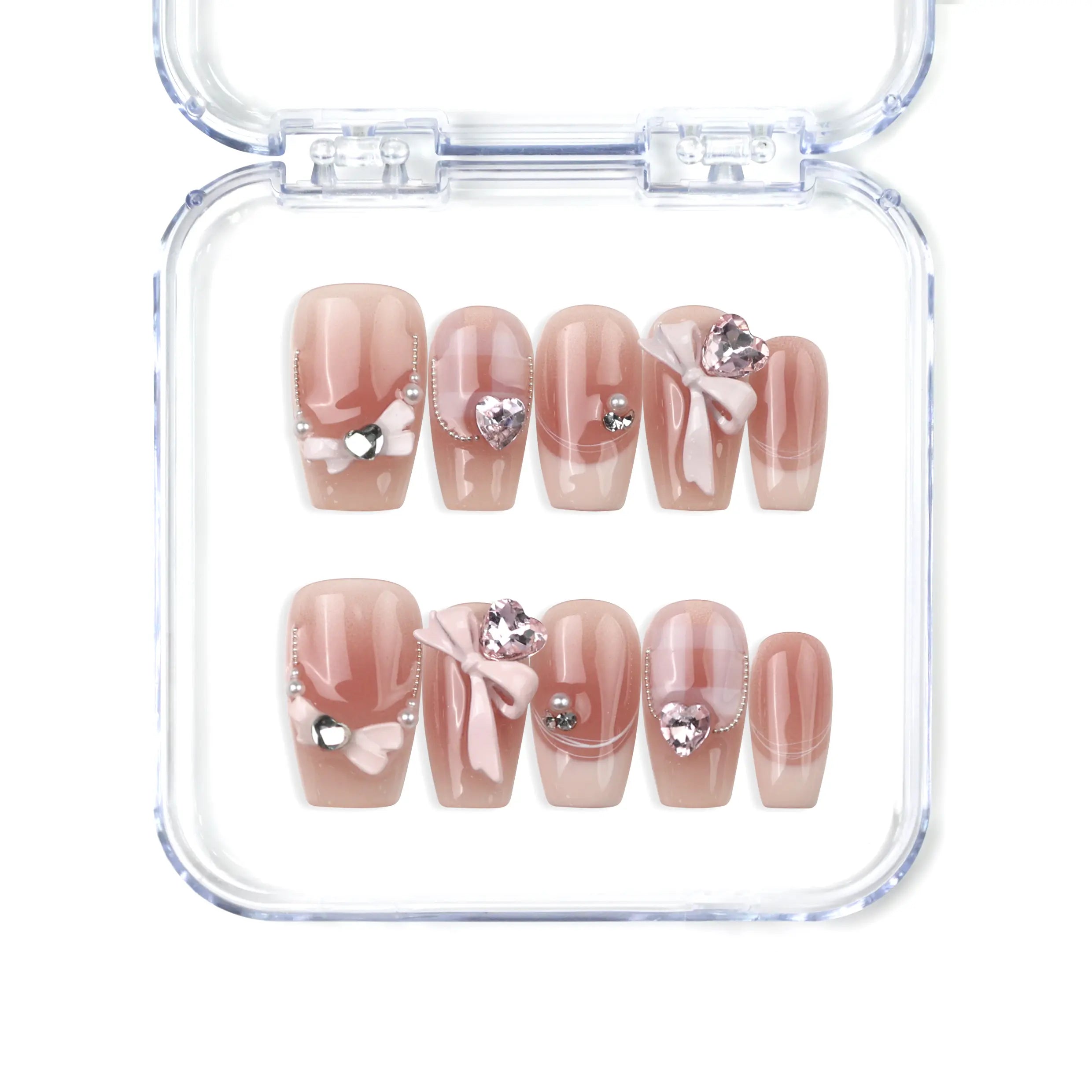 Cherry Bow Crush handmade press on nails with pink gingham, 3D bows, and rhinestones from naillover Singapore press on nails collection