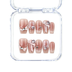 Cherry Bow Crush handmade press on nails with pink gingham, 3D bows, and rhinestones from naillover Singapore press on nails collection