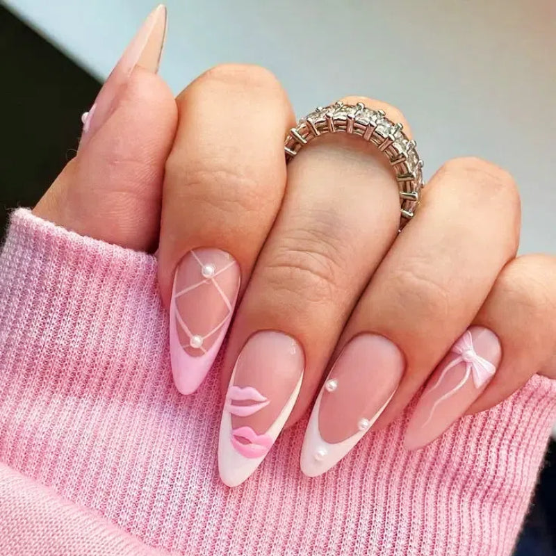 Coquette style Custom Singapore handmade press on nails with blush tones, bows, and lace details