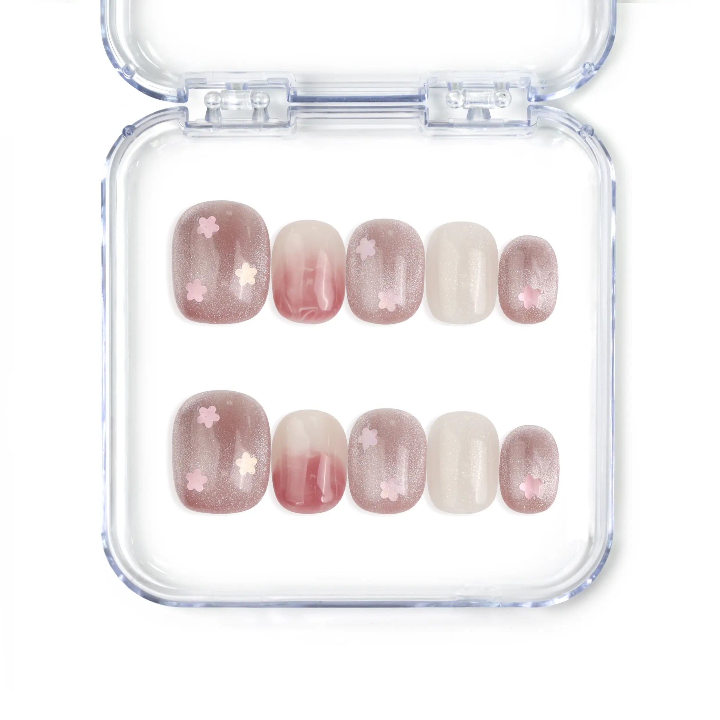 Singapore handmade short squoval press on nails with pink flower nail art by naillover