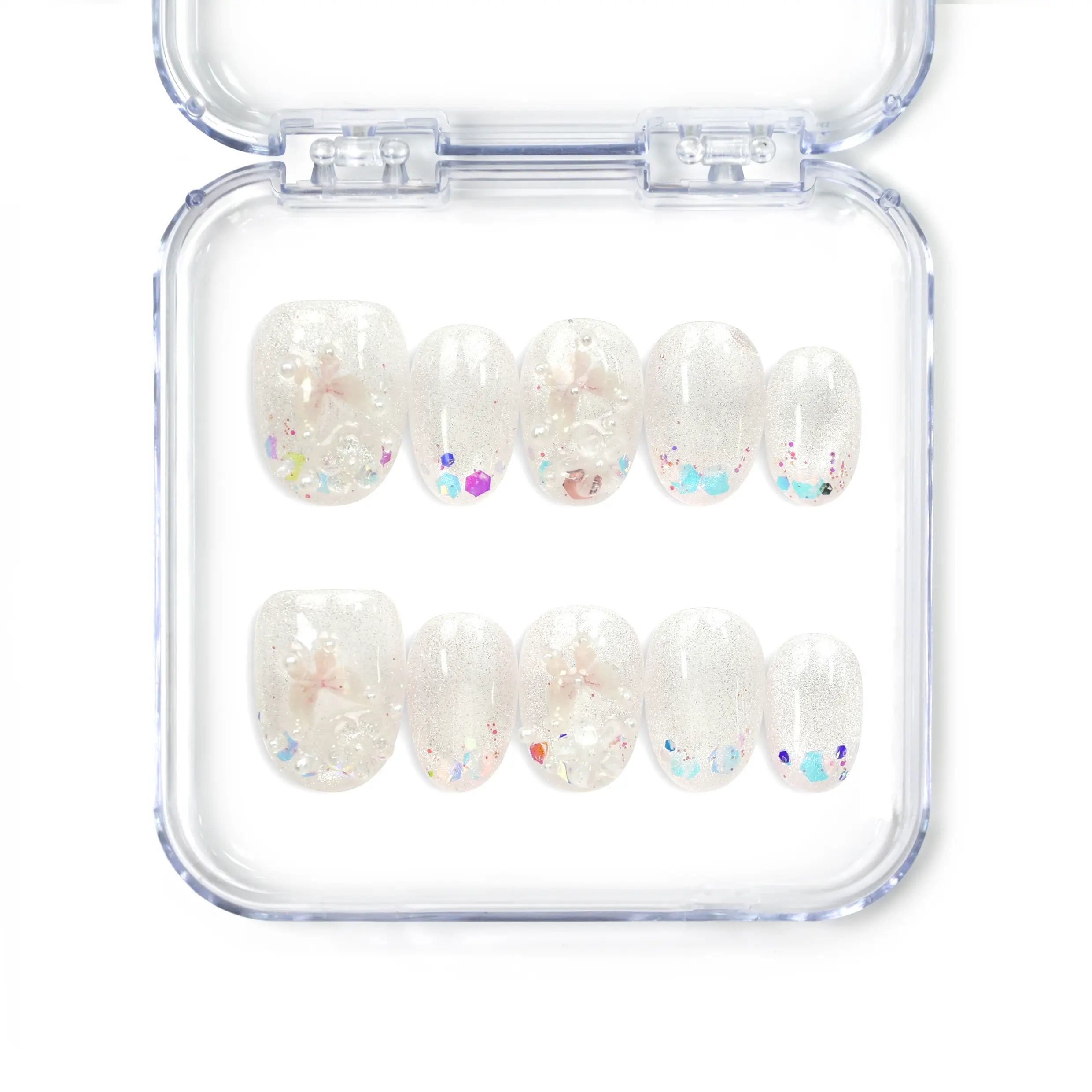 Naillover Crystal Sparkle handmade press on nails with iridescent cat eye finish and colorful specks from Singapore press on nails collection.