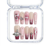 Naillover handmade Singapore pink coffin press on nails with marble effect, nude gradient, and silver gemstone charms