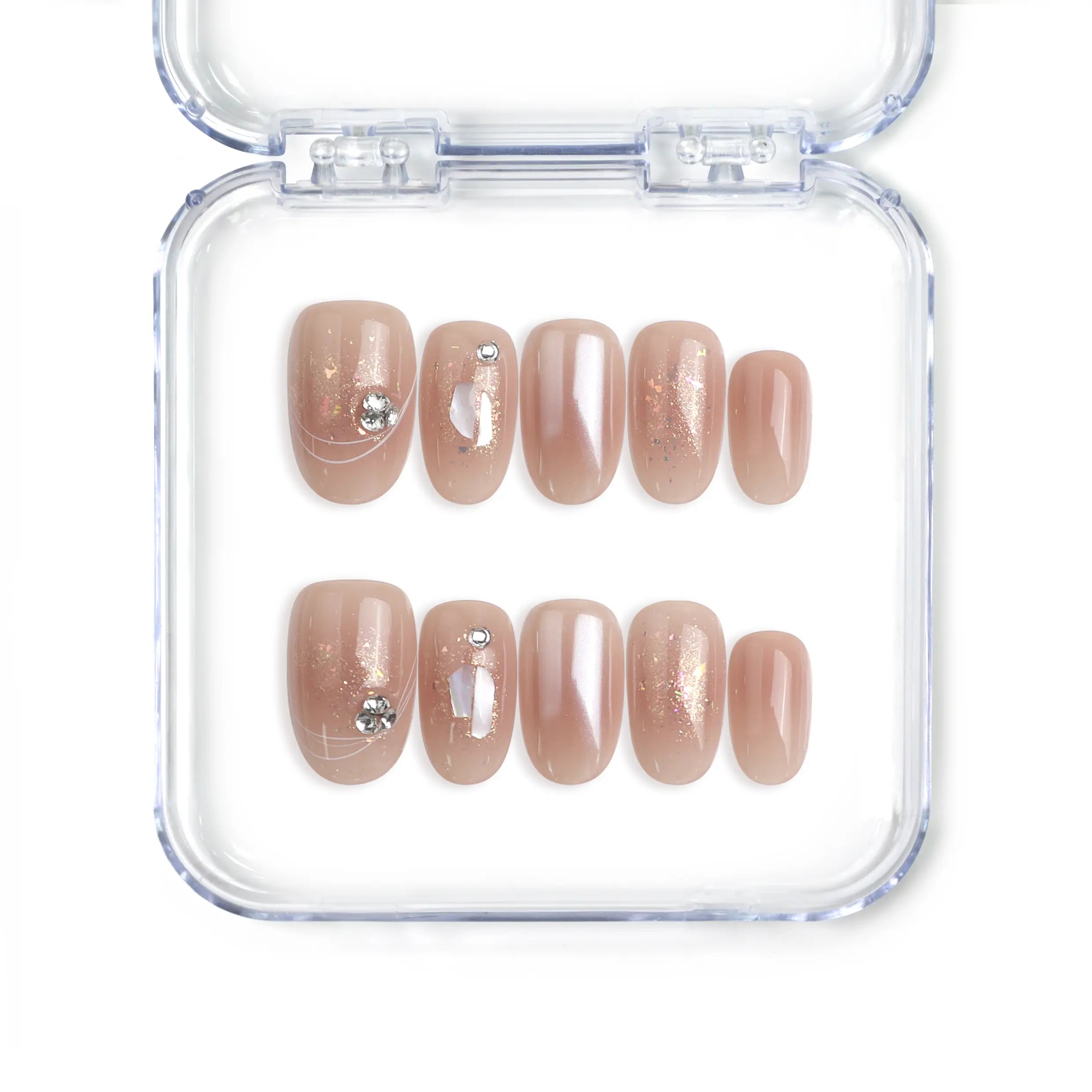 Singapore handmade short press on nails in pastel pink with romantic morning glow design by Naillover