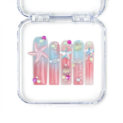 Singapore handmade long pipe press on nails with pastel pink, blue, yellow, green, and 3D shell and starfish nail art by Naillover