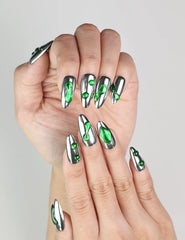 Close-up of Emerald Wave handmade press-on nails Singapore, featuring silver base and green wave accents by naillover