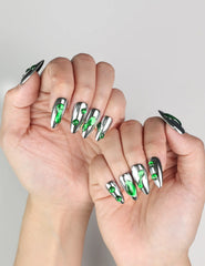 Emerald Wave handmade press-on nails Singapore styled with casual outfit, silver and green design by naillover