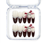 Eternal burgundy red handmade press-on nails with silver accents and red ribbons, Singapore press on nails by naillover