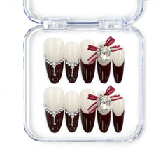 Eternal burgundy red handmade press-on nails with silver accents and red ribbons, Singapore press on nails by naillover