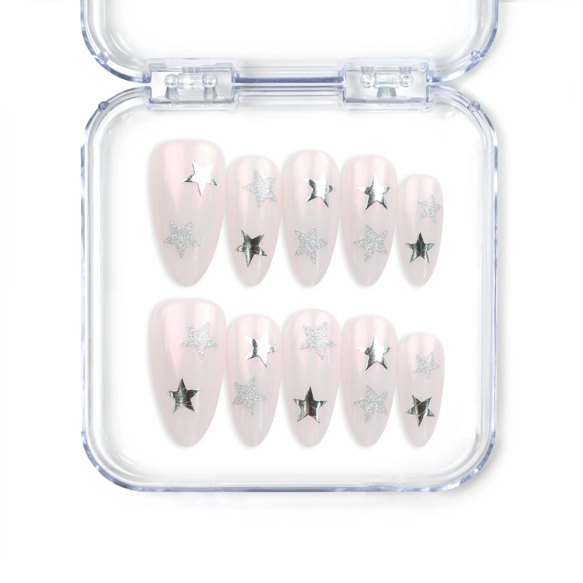 Ethereal Stars light pink handmade press-on nails with silver star accents, Singapore press on nails by naillover