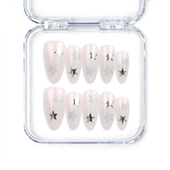 Ethereal Stars light pink handmade press-on nails with silver star accents, Singapore press on nails by naillover