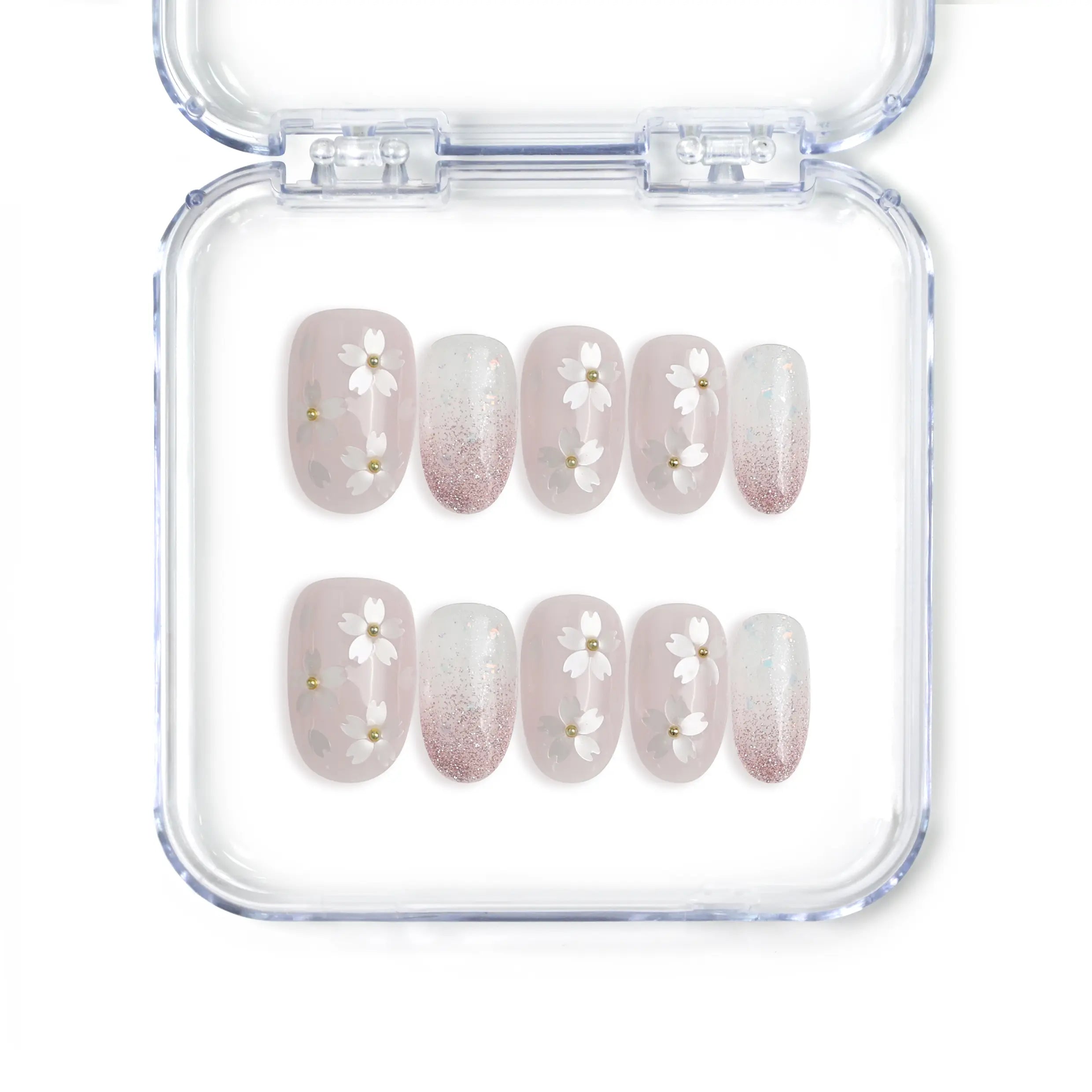 Naillover handmade Singapore press on nails in oval shape featuring white flower nails with 3D floral accents