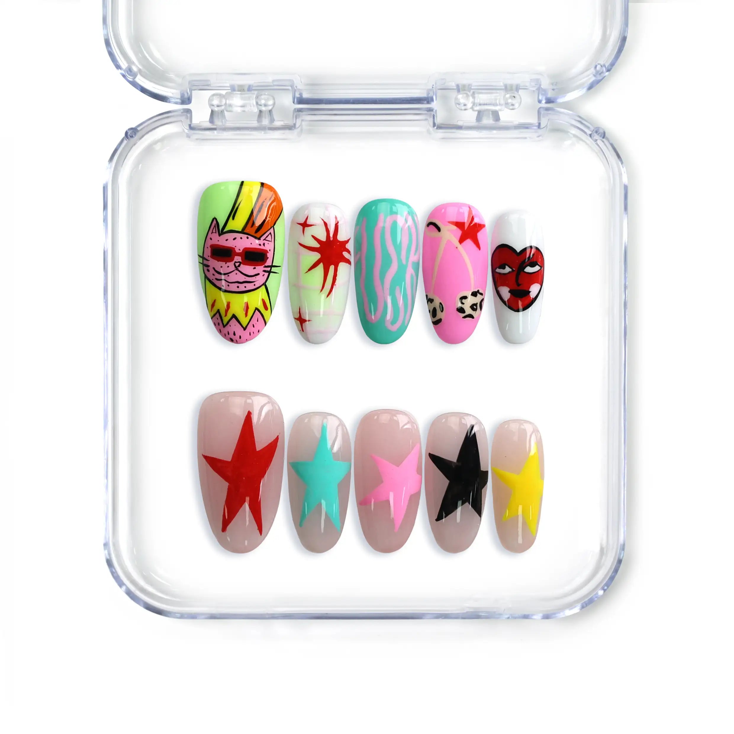 Medium almond Singapore press on nails with blue and pink pastel tones, cartoon cats, and starry graphics by Naillover.