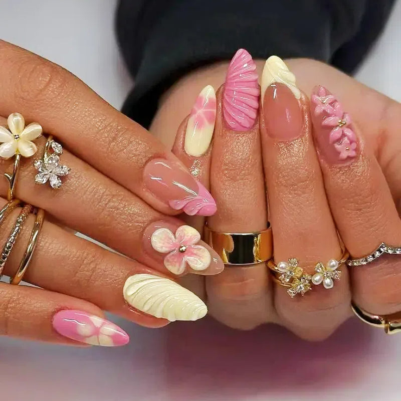 Floral Custom Singapore handmade press on nails with pastel petals and botanical details