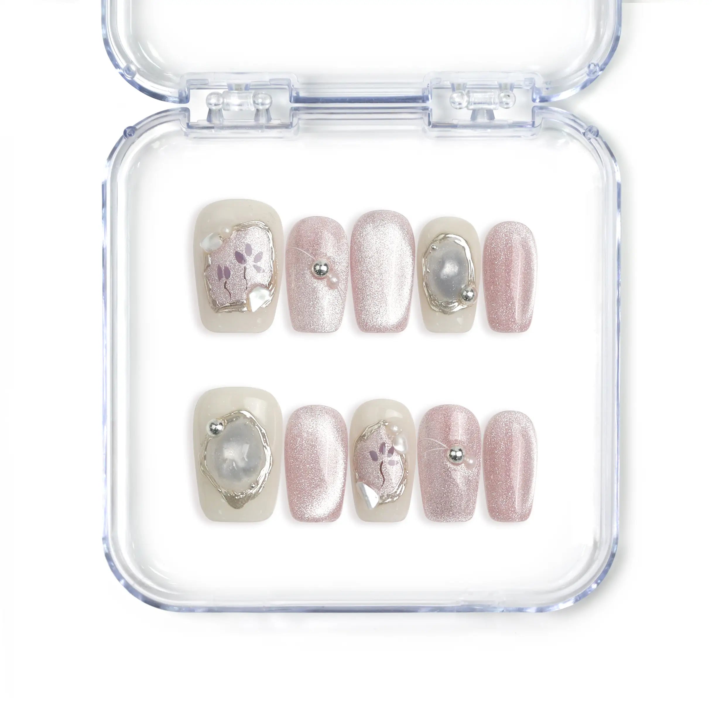 Close-up of Naillover Flower Glint handmade press on nails with pink-white glitter and 3D floral accents, styled in pastel gradients