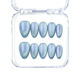 Naillover Frosted Skyline handmade blue press on nails with subtle cat eye shimmer, Singapore almond shape design.
