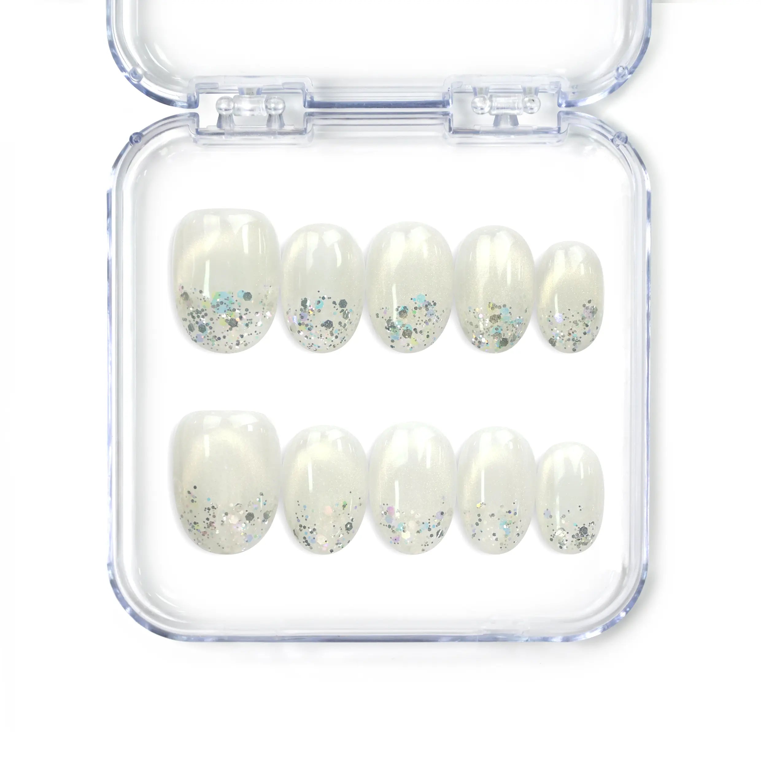 Naillover Frosty Glitter handmade press on nails with sheer base and shimmering silver glitter from Singapore press on nails collection.