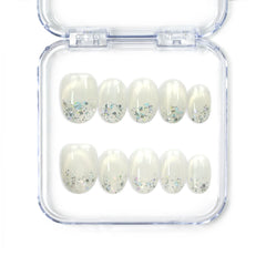 Naillover Frosty Glitter handmade press on nails with sheer base and shimmering silver glitter from Singapore press on nails collection.