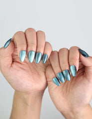 Galaxy Gleam short press on nails by Naillover styled for a night-out look, worn on both hands.