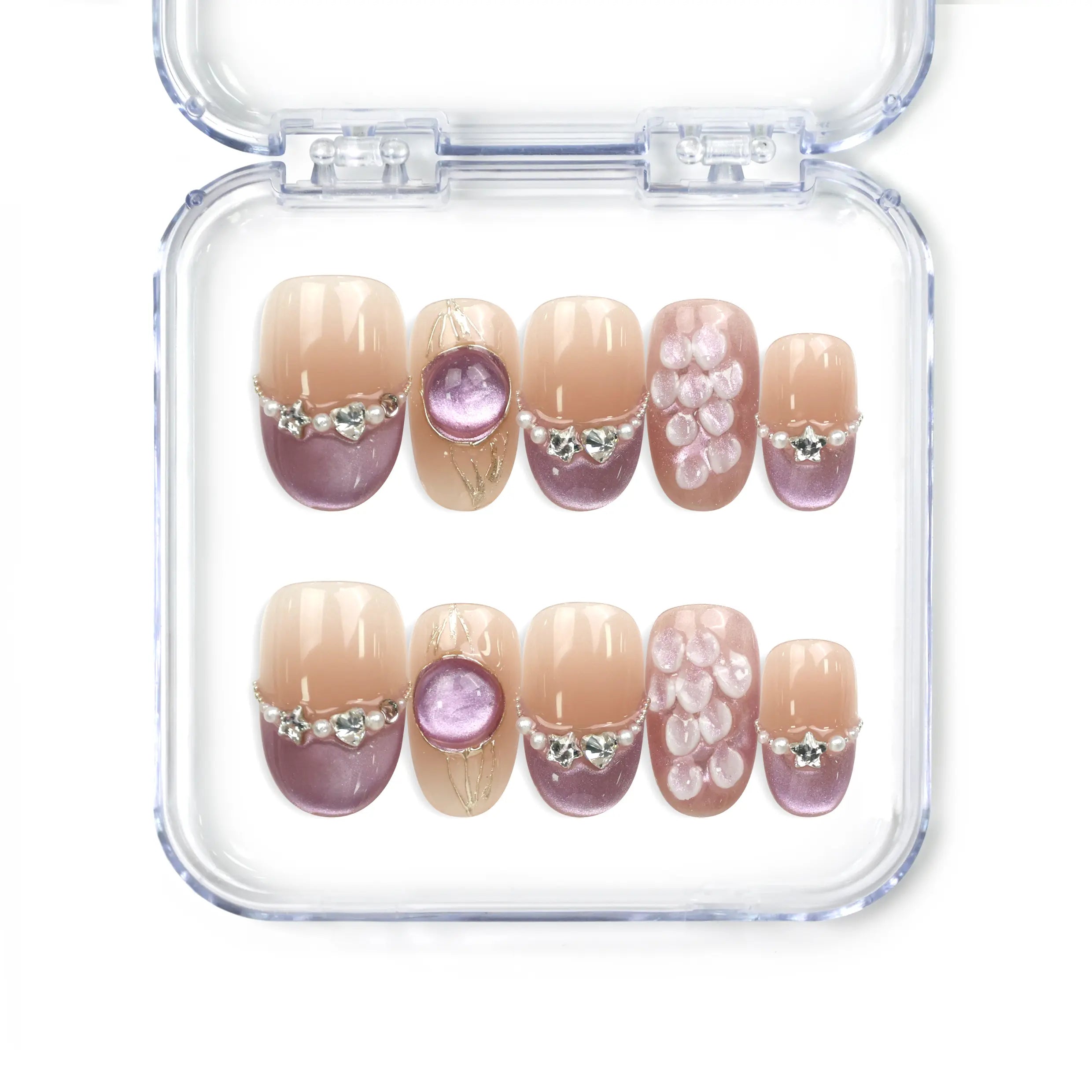 Naillover Gemstone Latte handmade press on nails in oceanic tones with seashell and pearl accents, from Singapore press on nails collection.