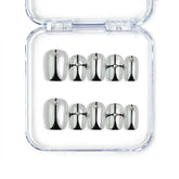 Naillover handmade Singapore short press on nails in squoval shape with nude base and black chrome geometric accents