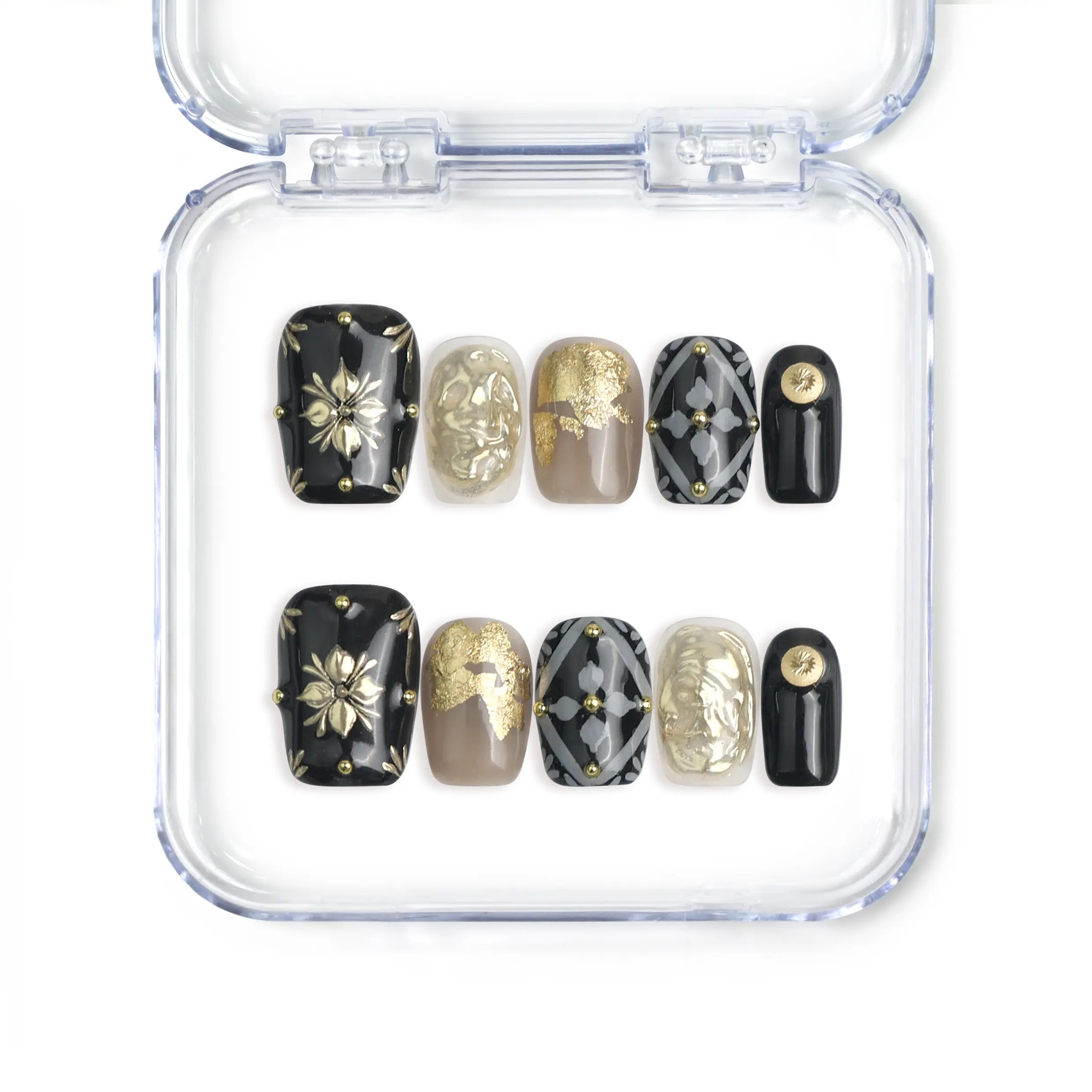 Singapore handmade black press on nails with white and gold floral nail art, golden leaves, and rhinestone details by Naillover