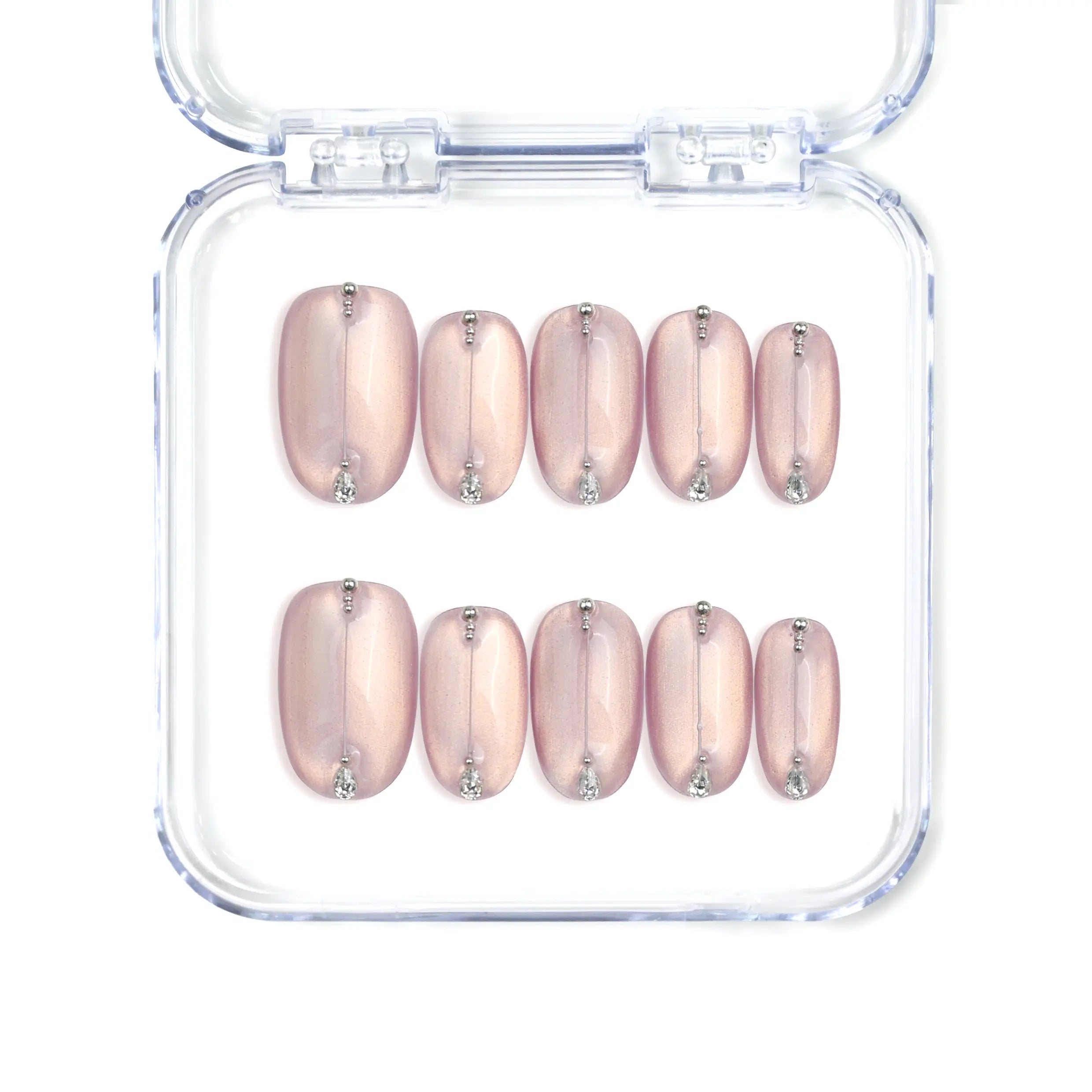 Naillover handmade Singapore short pink press on nails in mauve gradient with chrome shimmer and gem accents