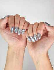 Naillover Glinting Gray cat eye nails in natural lighting, reusable handmade press on nails Singapore, chic and stylish look