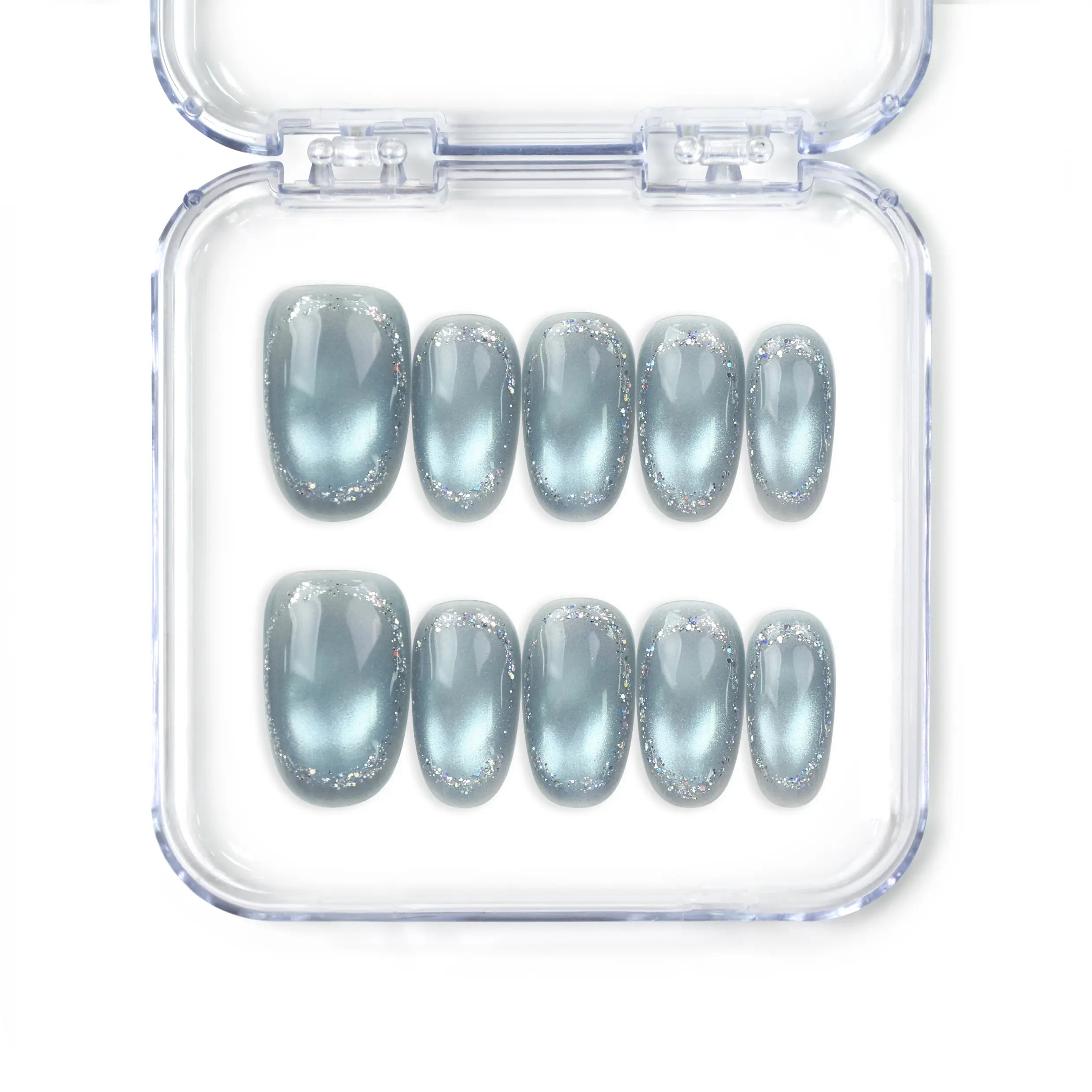 Naillover Glinting Gray cat eye press on nails in metallic grey with shimmering edges, handmade reusable nail set, Singapore