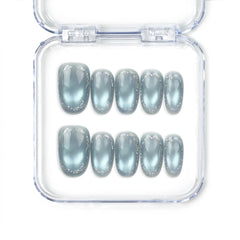 Naillover Glinting Gray cat eye press on nails in metallic grey with shimmering edges, handmade reusable nail set, Singapore