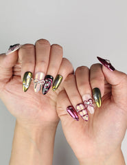 Fashion shoot featuring Glossy Love coquette nails, Naillover Singapore press on nails for a chic and cute look.