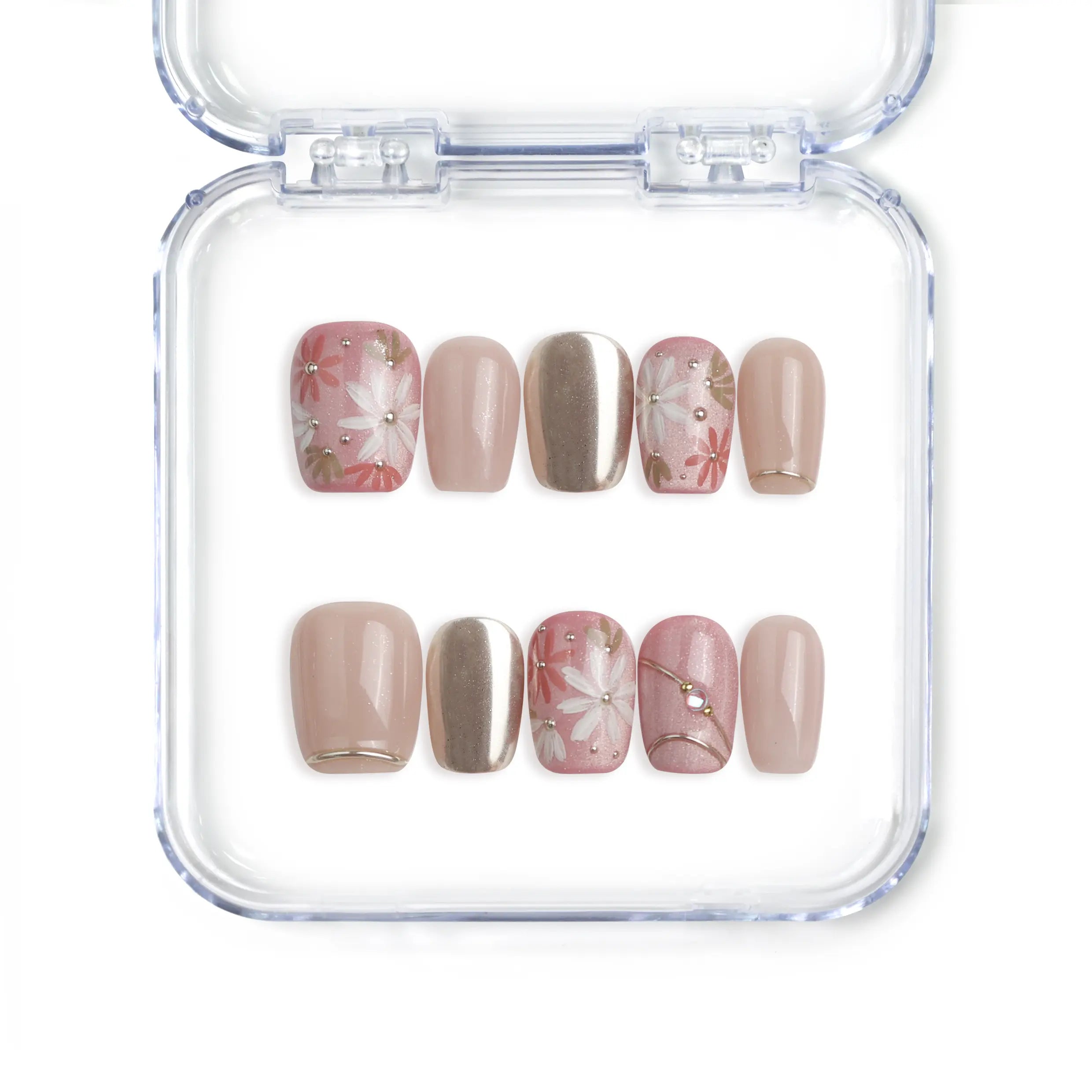 Naillover handmade Singapore square press on nails in red with gold foil and 3D flower nail art