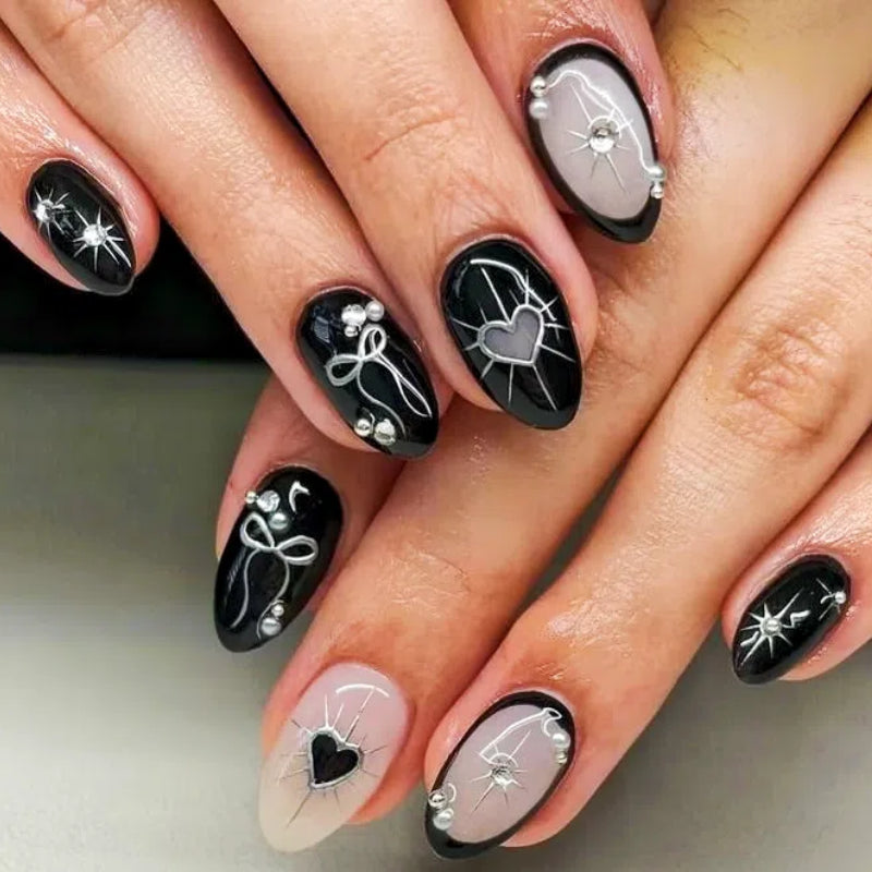 Gothic Custom Singapore handmade press on nails with black, red, and metallic accents