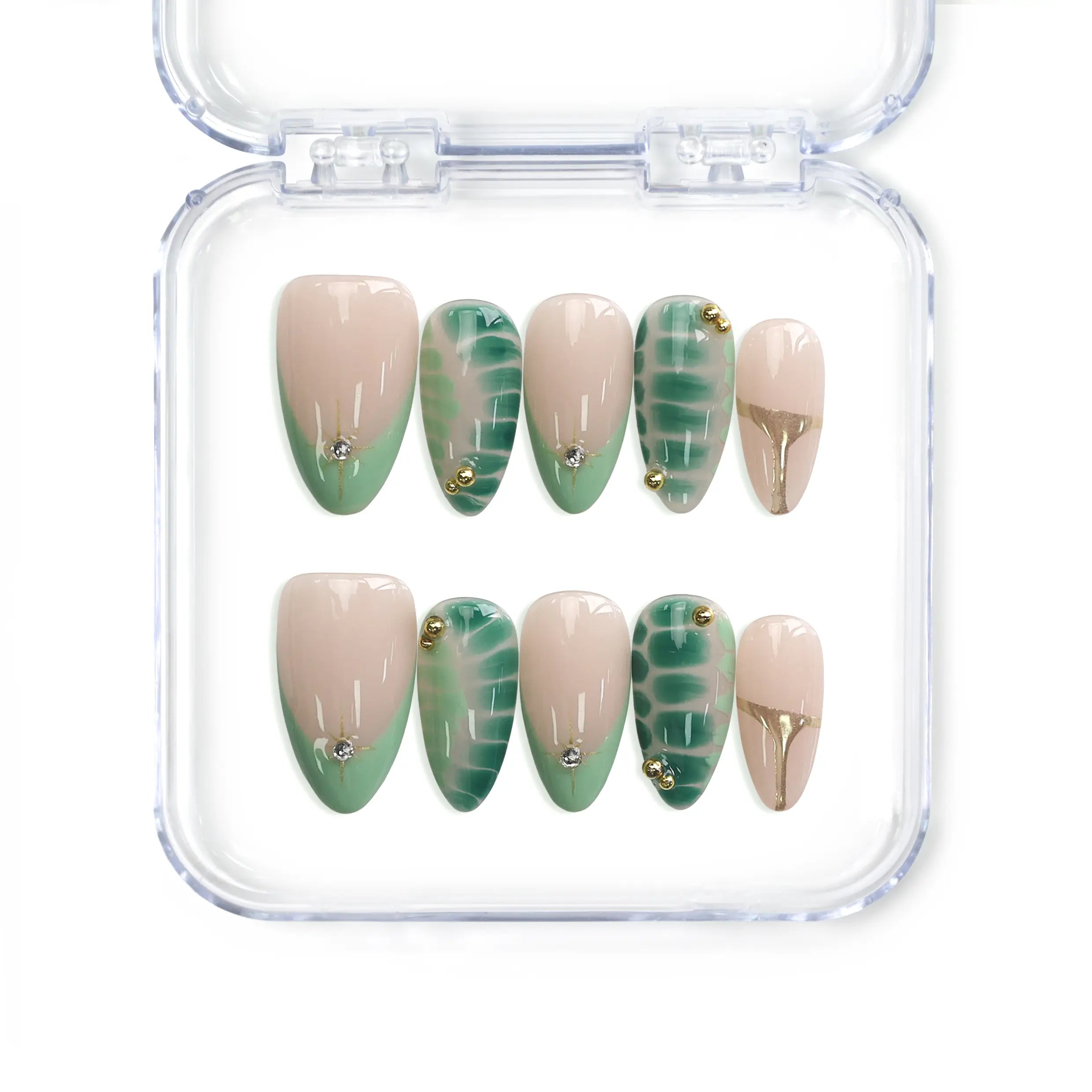 Naillover Singapore handmade short almond nails in nude and green tones with tropical leaf art and gold accents