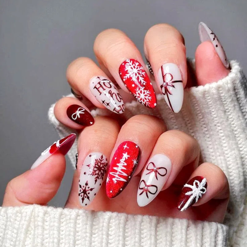 Holiday custom Singapore handmade press on nails with gold, red, and green festive designs