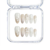 Naillover handmade Singapore press on nails in medium oval shape featuring ivory tones, 3D flower nail art, and pearl accents